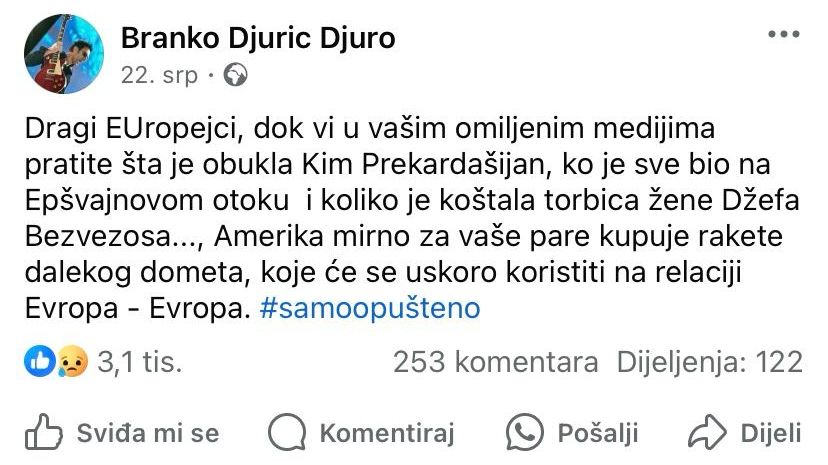 Branko Đurić Đuro: Ako mislite da su “naši” bolji od “njihovih” slobodno me izbrišite