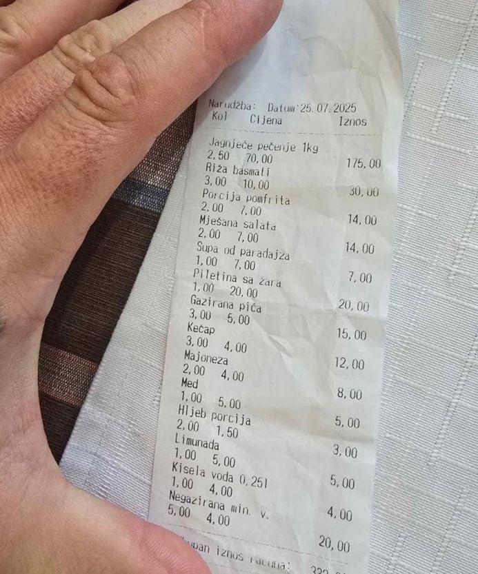 Cijene janjetine u BiH šokiraju: Račun iz restorana izazvao lavinu komentara
