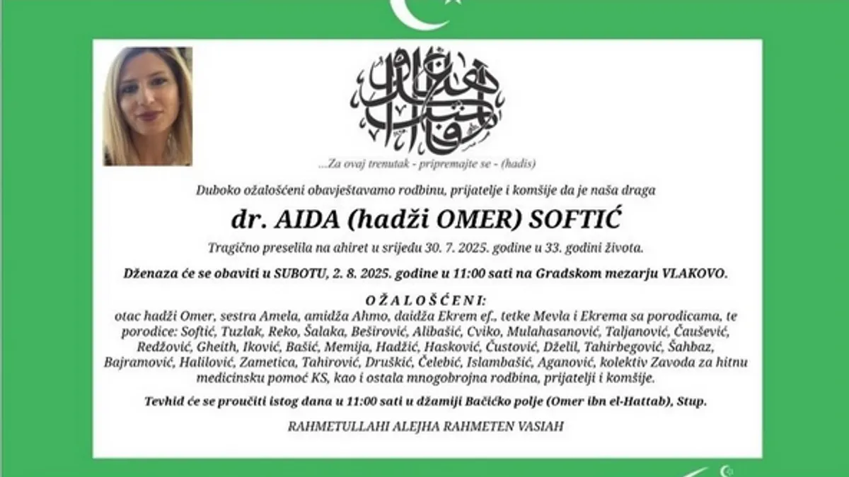 Tuga u Sarajevu: Sutra dženaza doktorici Aidi Softić